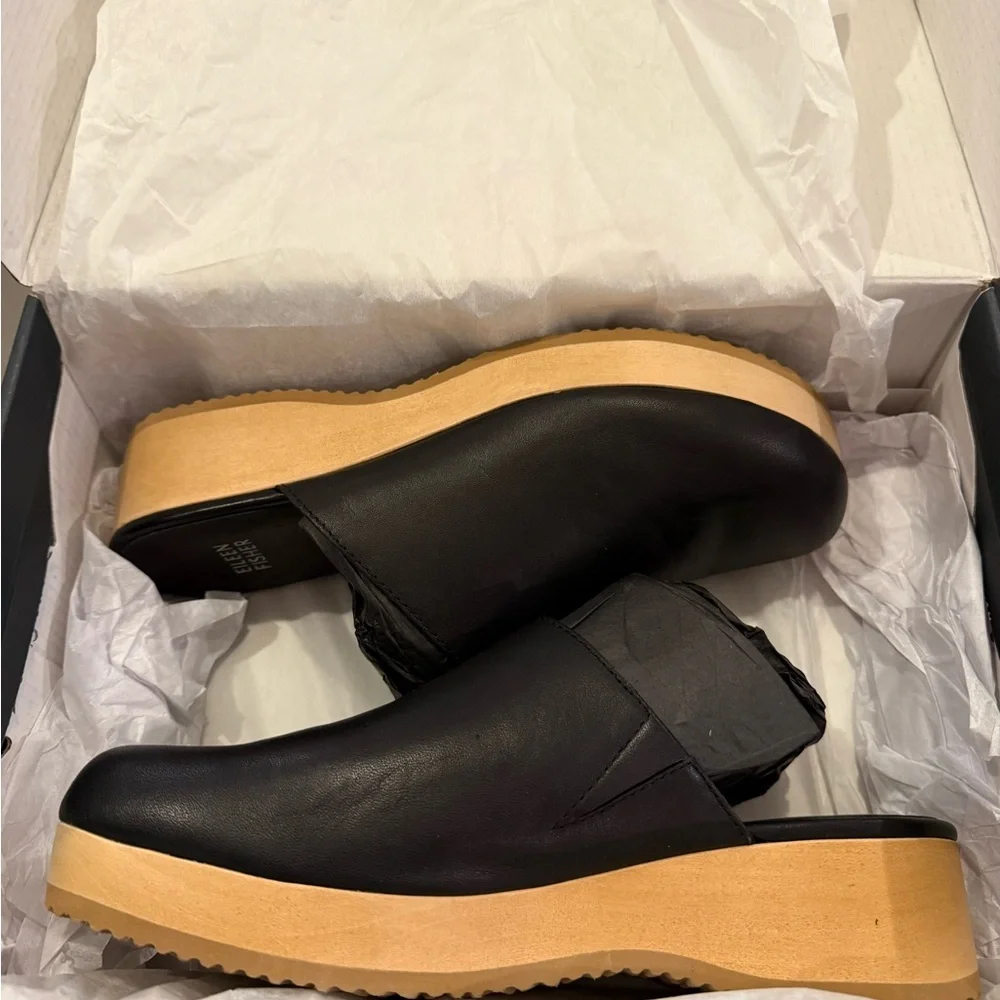 NIB Eileen Fisher Black Leather y2k 90s EVA Slip on Luxury Staple Mules 8 - Picture 5 of 8